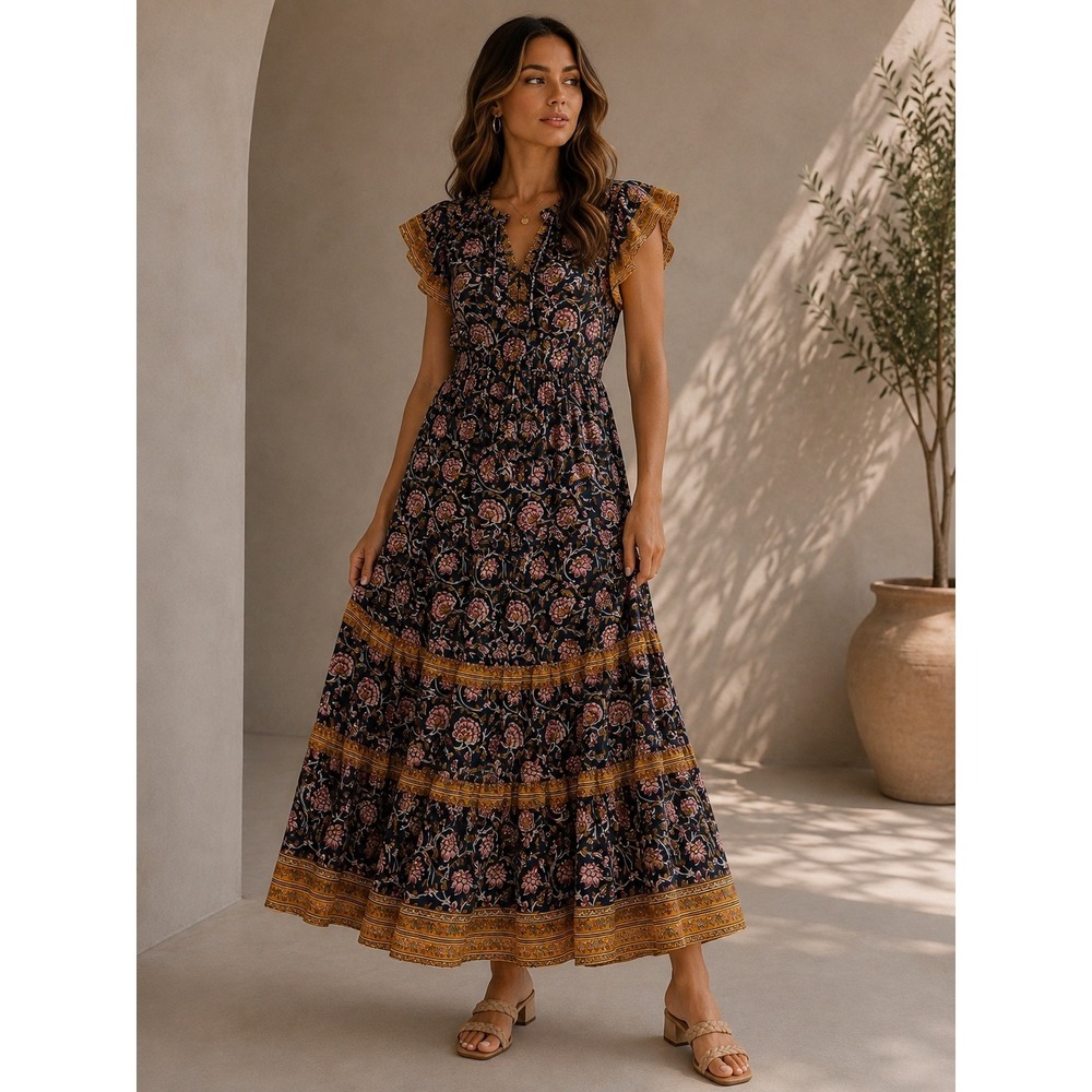 Othilia Aleksia Ruffled Midi Dress Anthropologie Floral Navy Pink Mustard Large
